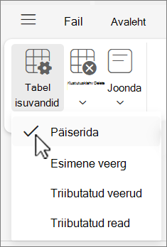 Menüü Tabelisuvandid, kus on Outlooki veebirakendus valitud suvand Päiserida.