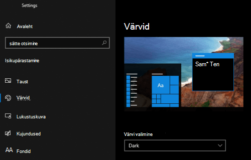 Arvuti isikupärastamissätetes valitud Windowsi tume režiim.