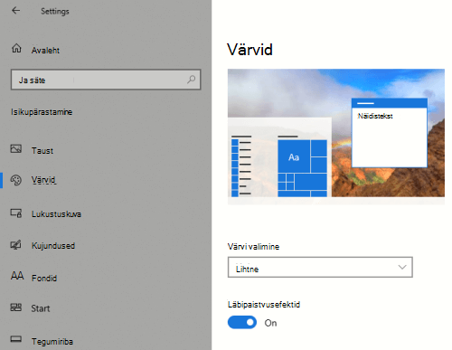 Windowsi läbipaistvuse suvand isikupärastamissätetes.