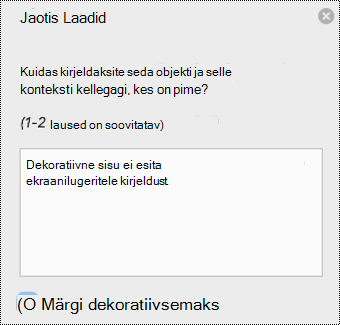 Word for Maci paanil Alt Text (Asetekst) märgitud ruut Mark as ecorative (Märgi dekoratiivseks).
