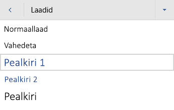 Androidi Word pealkirjalaadide menüü