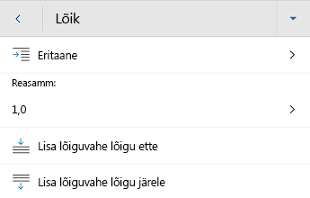Word For Androidi lõiguvormingu menüü