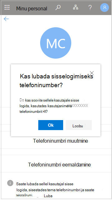 Kuvatõmmis, millel on kujutatud sisselogimiseks telefoninumbri lubamine?