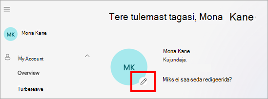 Kuvatõmmis portaalist Minu konto, kus on kuvatud kasutajaprofiili foto, nimi ja mitmesugused kontosätete suvandid (nt keel, ajavöönd ja privaatsussätted). Redigeerimisikoon kuvatakse profiilifoto kohal, mis näitab, kus kasutajad saavad foto värskendamiseks klõpsata.