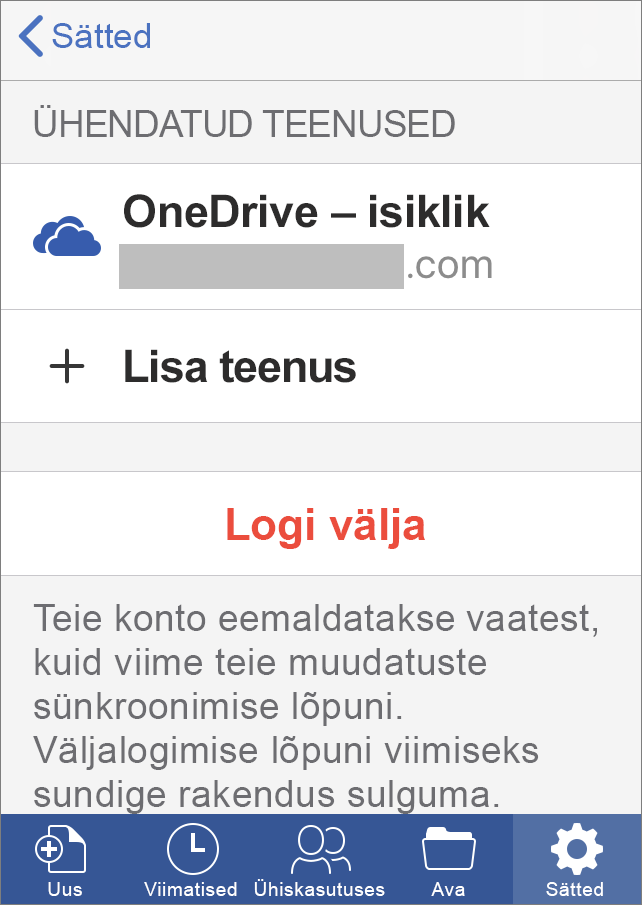 Kuvab Office iOS-i jaoks väljalogimise suvandi
