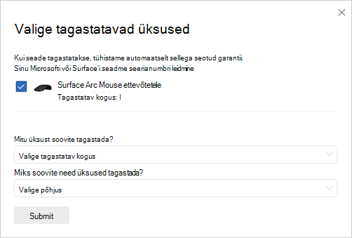 Tagastuse valimiseks kuvatõmmis.