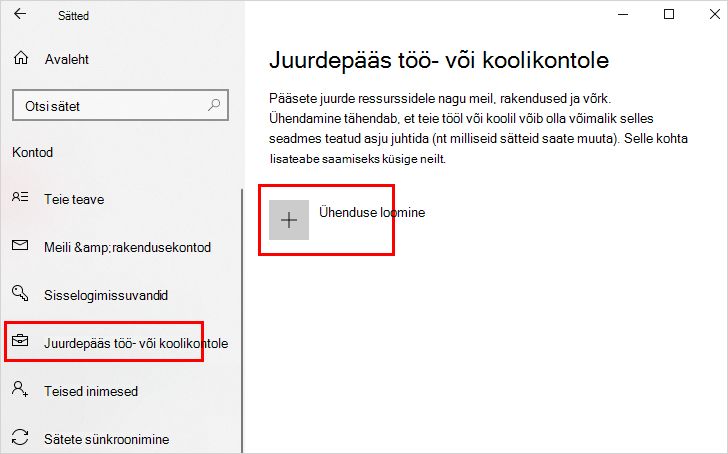 Juurdepääs töö- või kooliekraanil, kus on esile tõstetud suvand Ühenda