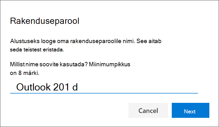 Kuvatõmmis rakenduseparooli lehest, kus on sisestatud rakenduse nimi