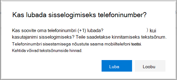 Telefoninumbri SMS-i sisselogimise lubamise kinnitusdialoog