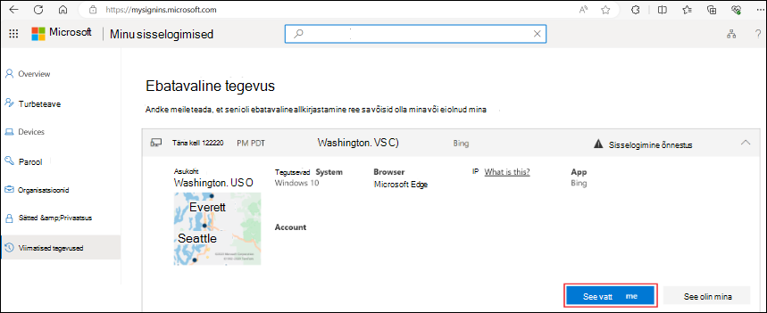 Kuvatõmmis ebatavalise tegevuse lehest.