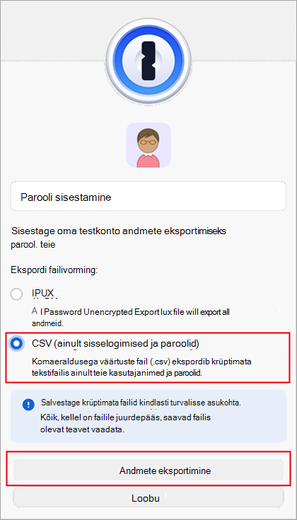 1Password-faili ekspordidialoog.