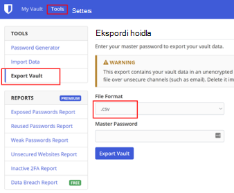 Bitwarden Export hoidla asukoht