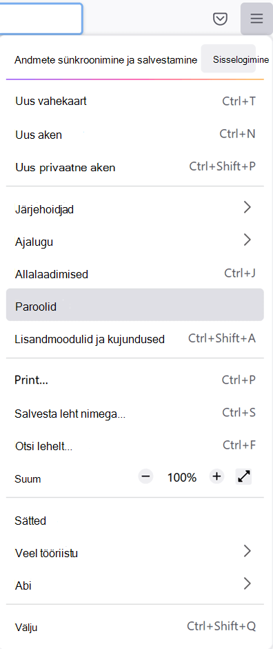 Firefoxi põhimenüü, kus on valitud suvand Paroolid.