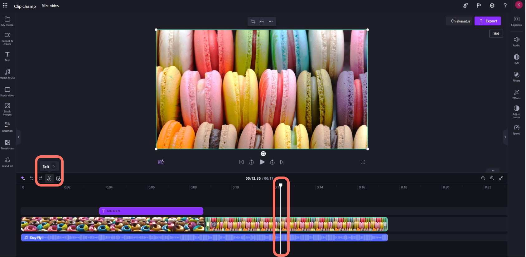 Kuvatõmmis töökontode Clipchamp, mille kasutaja tükeldas ajaskaalal klipi.