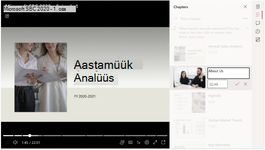 Video on avatud brauseris. Videost paremal on esile tõstetud tekstiväljad, mis näitavad, et kasutaja saab peatükkide pealkirja ja kirjelduse redigeerimiseks neid klõpsata.