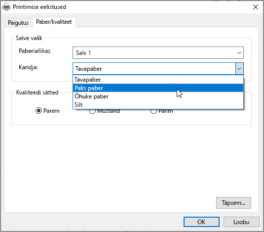 Windowsi süsteemi prindidialoogi eelistused