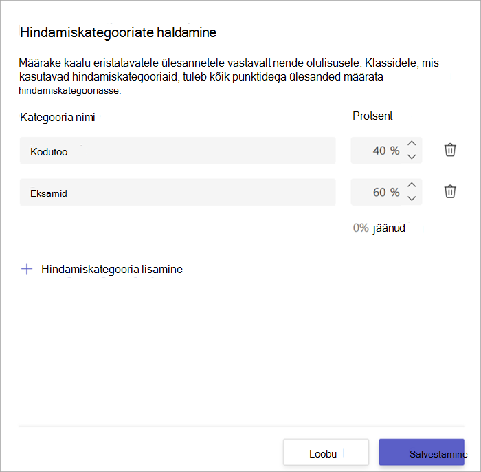 Kuvatõmmis hindamiskategooriate aknast, kus on kuvatud 2 kategooriat, kodutöö 40% jaoks ja eksamid 60% jaoks