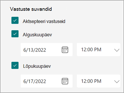 Kuvatõmmis vormi/õppetesti sätetest, kus kasutajad saavad määrata vastuste algus- ja lõppkuupäeva.