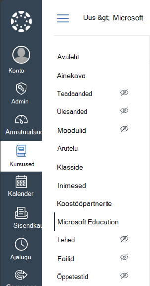 Valige Microsoft Education Canvase kursuse navigeerimismenüüs