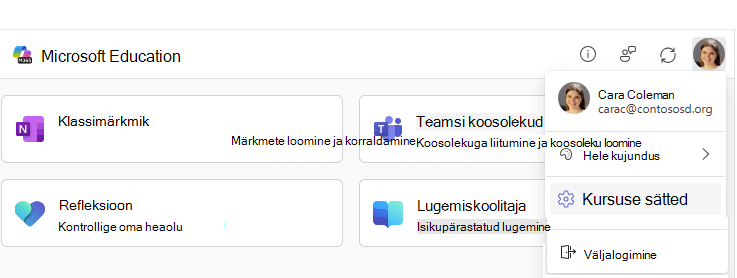Kursuse sätete menüü-üksus