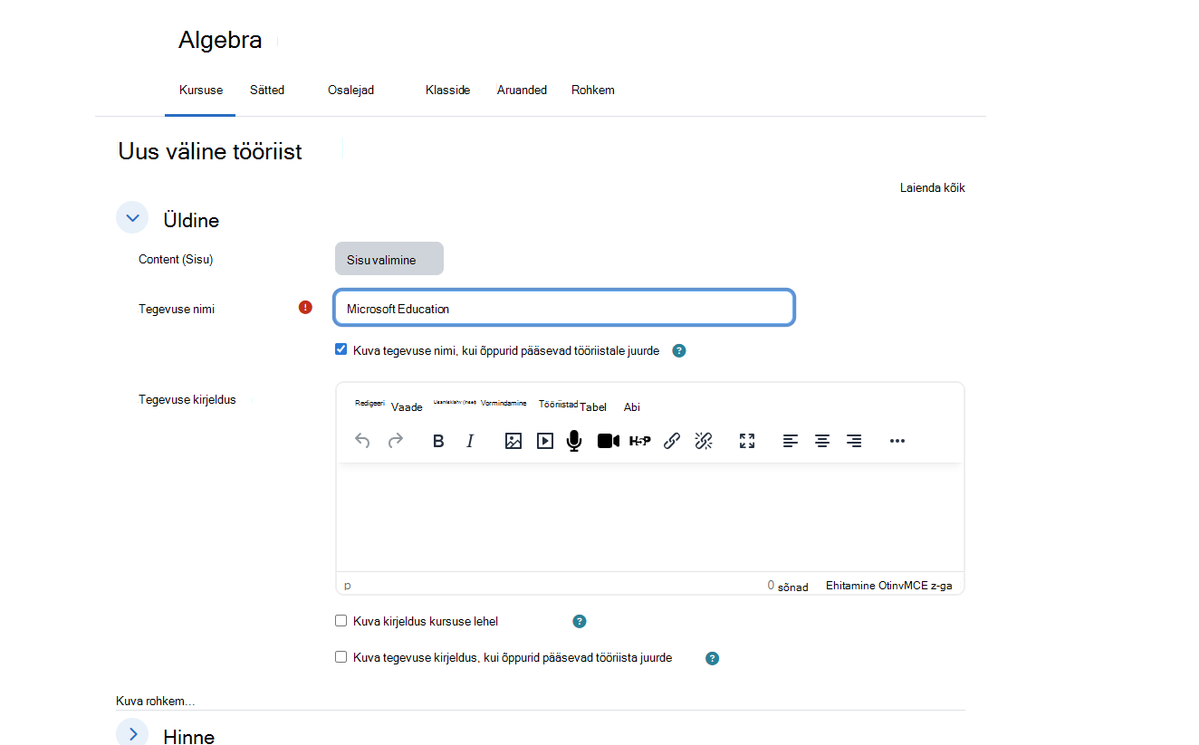 Moodle New External Tool dialog