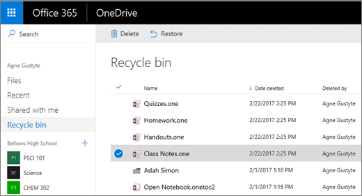 OneDrive'i prügikast koos märkmikulehtede loendiga.