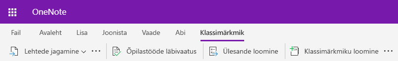 OneNote'i veebirakendus klassimärkmiku vahekaardi kuvatõmmis