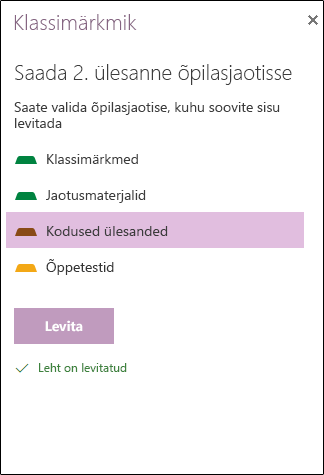 Näide jaotatud ülesandest OneNote'i veebirakendus