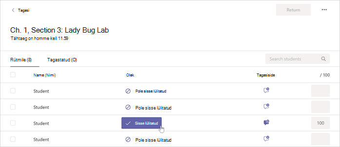 Kursor liigub Microsoft Teamsis valitud ülesande nupu Sisselülitatud kohale.