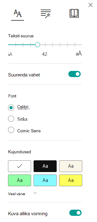 Teksti suurusesuvandite kuvatõmmis.