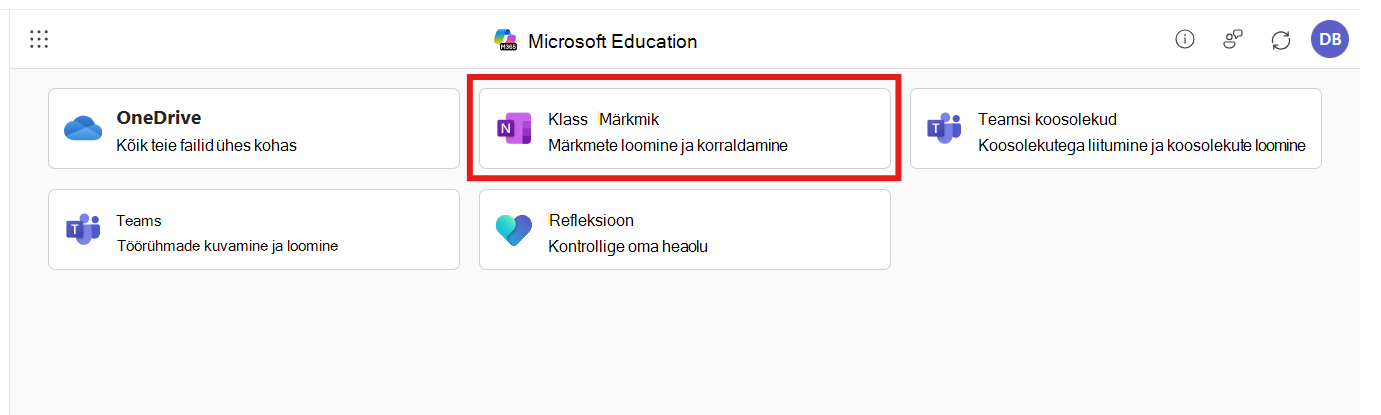 Microsoft 365 LTI rakendus, kus on valitud klassimärkmik