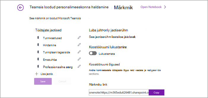 OneNote'i personalimärkmiku sätete halduse lehe kuvatõmmis.