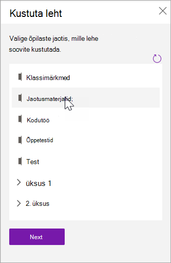 Valige õppurite jaotis, mille lehe soovite kustutada.