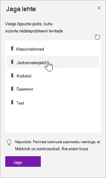 Õpilase jaotise valimine paanil Jagamine.
