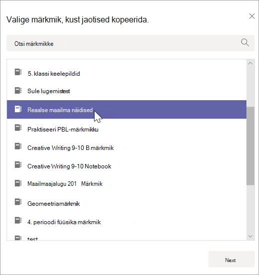 Valige märkmik, kust jaotised kopeerida.
