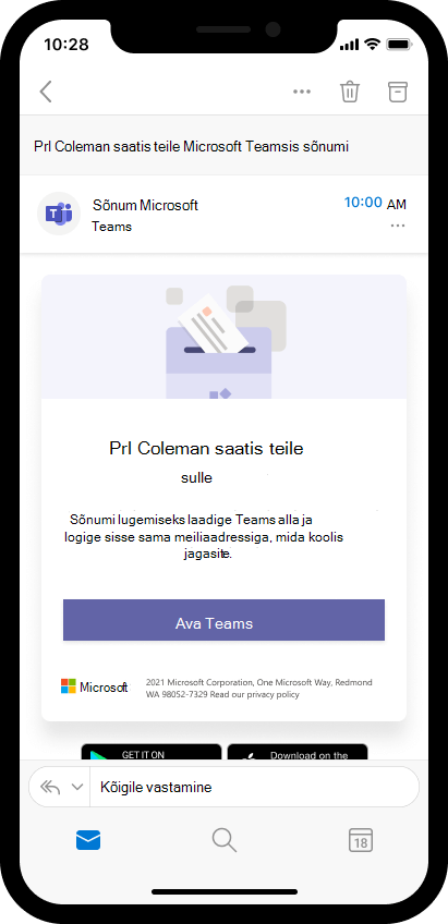 Kuvatõmmis mobiilsideseadmes olevast meilisõnumist, mis kutsub lapsevanemat Teamsis õpetajate sõnumit avama.