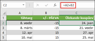 Liita või lahutada kuupäevast =A2+B2, kus A2 on kuupäev, ja B2 on liidetavate või lahutatavate päevade arv.