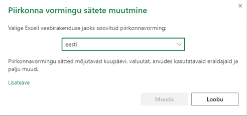 Piirkonnavormingu sätete muutmise dialoog