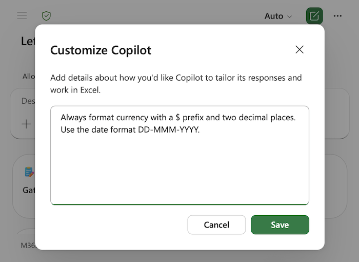 Screenshot of the Copilot Excelis personalization dialog, including examples in the text area.
