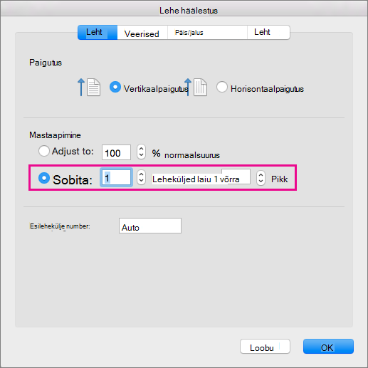Page Setup dialog box, with Fit to selected