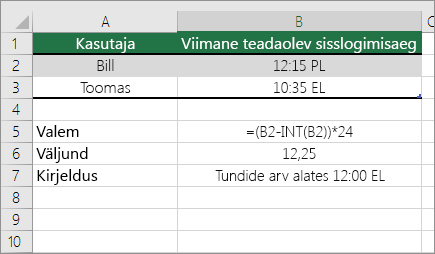 Näide: tundide teisendamine standardajavormingust kümnendarvuks