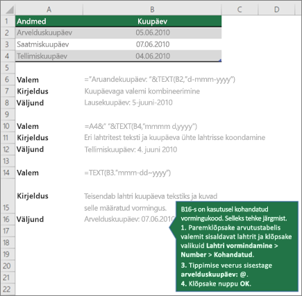 Näited, mis näitavad, kuidas valemid saavad ühendada teksti kuupäeva- ja kellaajaväärtustega