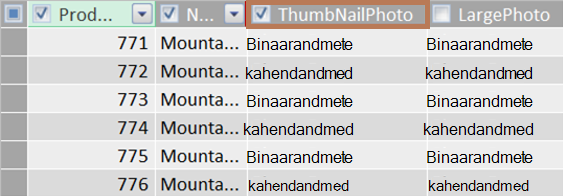 Example of a binary column of a thumbnail image
