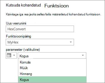 Dialoogiboks Kohandatud funktsiooni kutsumine