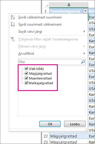Filtreerimine loendiüksuste valimise kaudu