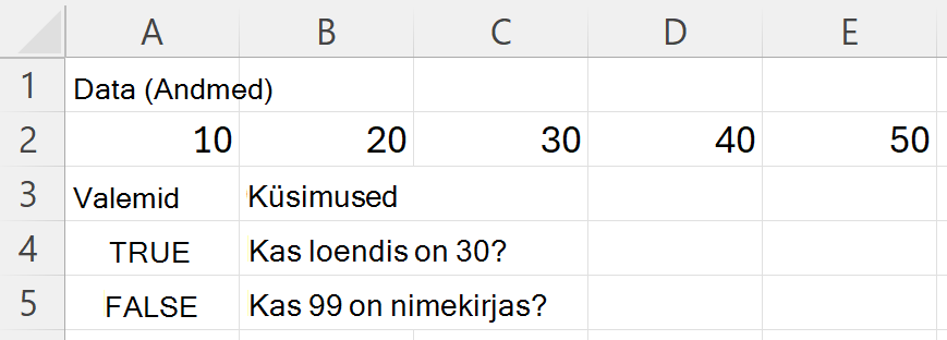 Funktsioon HAS tagastab väärtuse TRUE arvude 30 ja väärtuse 99 korral FALSE, kui otsitakse vahemikku, mis sisaldab väärtusi 10, 20, 30, 40 ja 50.