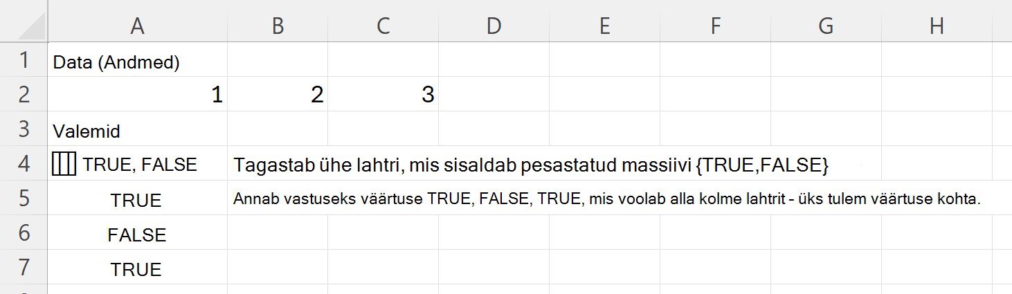 HAS tagastab ühes pesastatud massiivlahtris väärtuse TRUE ja FALSE ning kolmes lahtris väärtuse TRUE, FALSE, TRUE