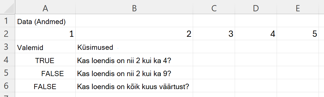 Funktsiooni HASALL kasutamine vahemiku iga väärtuse kogumi väärtuse kontrollimiseks