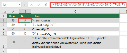 Funktsiooni IFS hinnete näide. Valem lahtris B2 on  =IFS(A2>89;A;A2>79;B;A2>69;C;A2>59;D;TRUE;F)