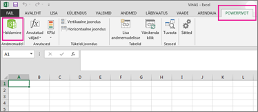 Menüü PowerPivot ja nupp Halda